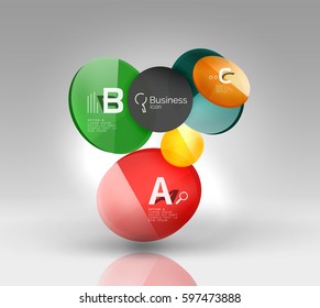 Shiny circles with text in 3d space, vector abstract background