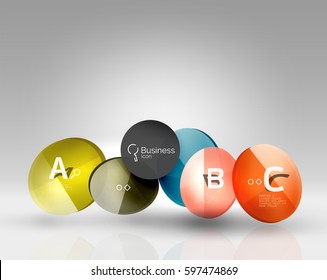 Shiny circles with text in 3d space, vector abstract background
