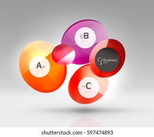 Shiny circles with text in 3d space, vector abstract background