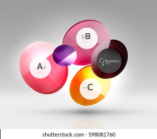 Shiny circles with text in 3d space, vector abstract background