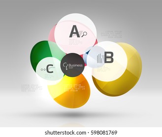 Shiny circles with text in 3d space, vector abstract background