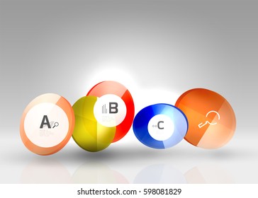 Shiny circles with text in 3d space, vector abstract background
