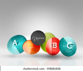 Shiny circles with text in 3d space, vector abstract background