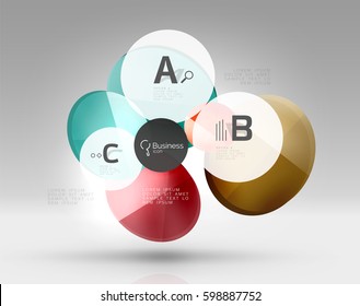 Shiny circles with text in 3d space, vector abstract background