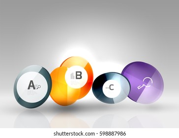 Shiny circles with text in 3d space, vector abstract background