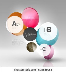 Shiny circles with text in 3d space, vector abstract background