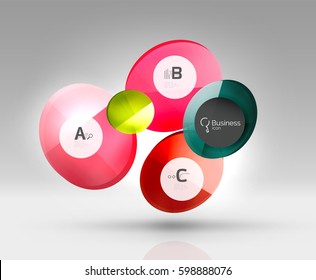 Shiny circles with text in 3d space, vector abstract background