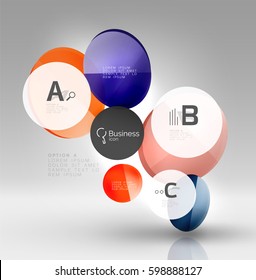 Shiny circles with text in 3d space, vector abstract background