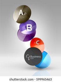 Shiny circles with text in 3d space, vector abstract background