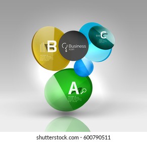Shiny circles with text in 3d space, vector abstract background