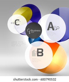 Shiny circles with text in 3d space, vector abstract background