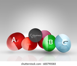 Shiny circles with text in 3d space, vector abstract background