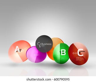 Shiny circles with text in 3d space, vector abstract background