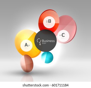 Shiny circles with text in 3d space, vector abstract background
