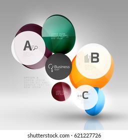 Shiny circles with text in 3d space, vector abstract background