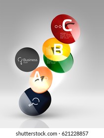 Shiny circles with text in 3d space, vector abstract background
