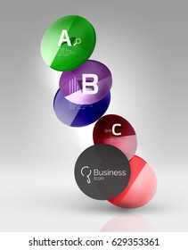 Shiny circles with text in 3d space, vector abstract background