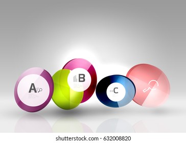 Shiny circles with text in 3d space, vector abstract background