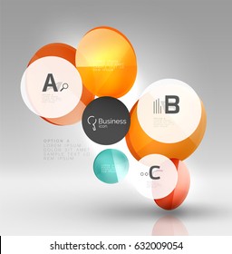 Shiny circles with text in 3d space, vector abstract background