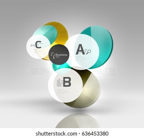Shiny circles with text in 3d space, vector abstract background