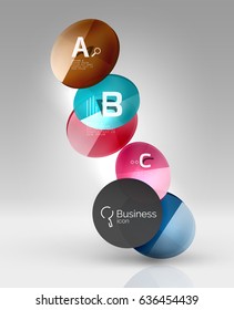 Shiny circles with text in 3d space, vector abstract background