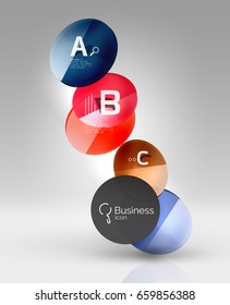 Shiny circles with text in 3d space, vector abstract background