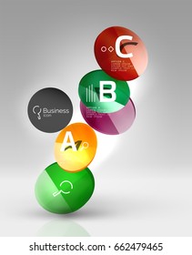 Shiny circles with text in 3d space, vector abstract background