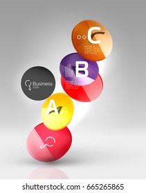 Shiny circles with text in 3d space, vector abstract background