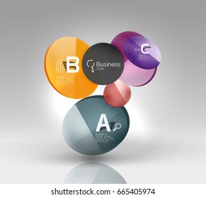 Shiny circles with text in 3d space, vector abstract background
