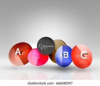 Shiny circles with text in 3d space, vector abstract background