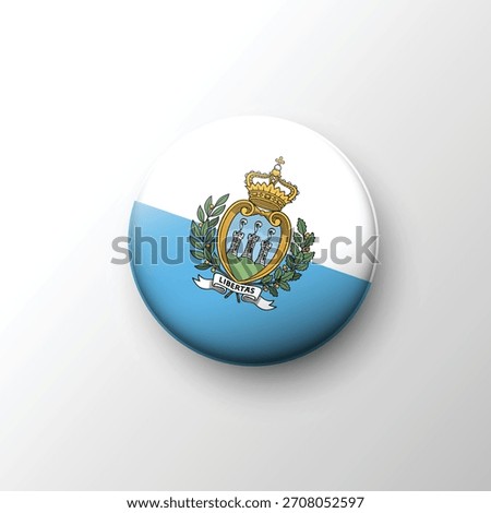 Shiny circular button of San Marino flag featuring white blue background and detailed national coat of arms
