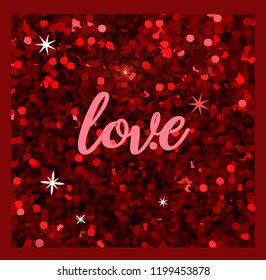 Shiny claret red glitter background with dark red frame and hand write love letter. Happy christmas. Happy Valentine's Day