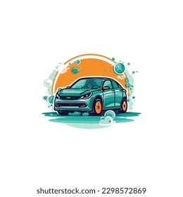 shiny clean car being washed include water bubbles, car wash company logo. modern flat color 