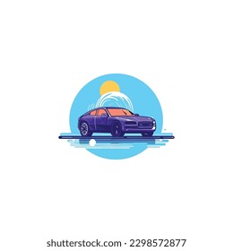 shiny clean car being washed include water bubbles, car wash company logo. modern flat color 