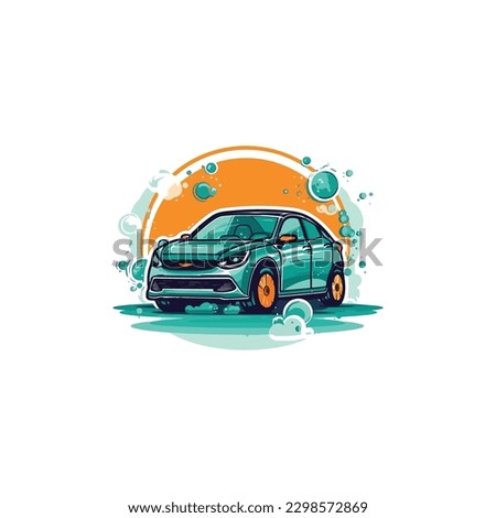 shiny clean car being washed include water bubbles, car wash company logo. modern flat color 
