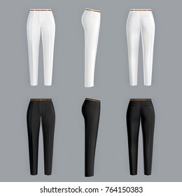 Shiny clean white and black womens pants realistic vector isolated on a gray background. Womens formal pants in front, back and side viewn, design element