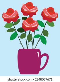 A shiny coffee cup containing four roses against a blue background