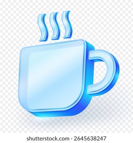 Shiny coffee cup icon light blue glass material on a transparent background. Perfect for drinks, coffee shops or leisure themes. 3D vector illustration.
