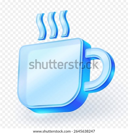 Shiny coffee cup icon light blue glass material on a transparent background. Perfect for drinks, coffee shops or leisure themes. 3D vector illustration.

