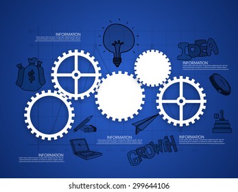 Shiny cogwheels with other infographic elements on blue graph paper background for your business reports and presentation.