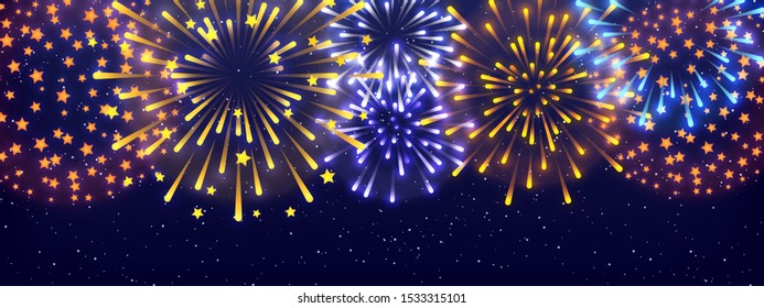 Shiny color fireworks on starry sky background - horizontal panoramic banner for Your holiday design