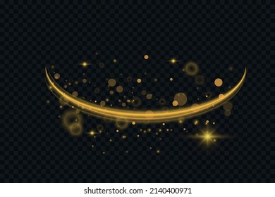 Shiny color gold wave design element. Golden wave with gold glitters effect on black background. Curved metal wave, 3d element in dark space.