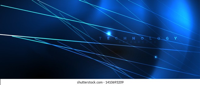 Luces de neón de color brillante con líneas, papel de pared abstracto, movimiento brillante, luz espacial mágica. Fondo abstracto Vector Techno