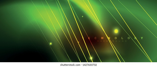 Shiny color neon light with lines, abstract wallpaper, shiny motion, magic space light. Vector techno abstract background