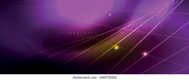 Luces de neón de color brillante con líneas, papel de pared abstracto, movimiento brillante, luz espacial mágica. Fondo abstracto Vector Techno
