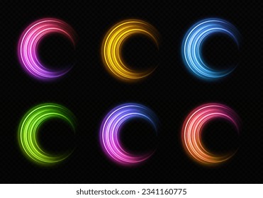 Shiny color rings on transparent background. Sparkle swirl effect. Set of magic spinning circles with light effect.