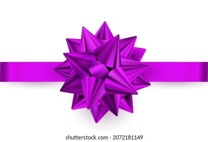 Shiny color satin ribbon on white background. Purple bow Christmas decoration. Christmas gift, valentines day, birthday  wrapping element