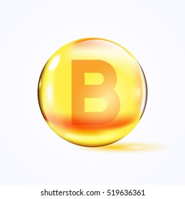Shiny colored bowl with letter b, vitamin b, yellow capsule. Yellow bubble, realistic vector illustration