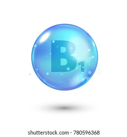 Shiny colored bowl with letter, vitamin, blue capsule. Blue bubble