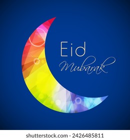 Shiny Colorful Abstract Curve Moon on Glossy Blue for Muslim Community Festival Eid Mubarak.